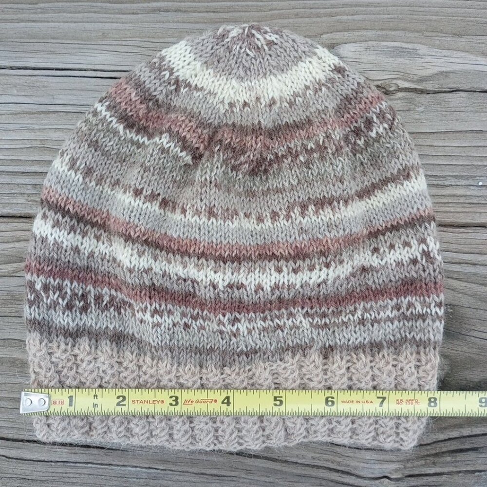 Mens Alpaca Wool Beanie Skully Hand Knit Hat Light Thin Faux Fair Isle Brown - Picture 10 of 10